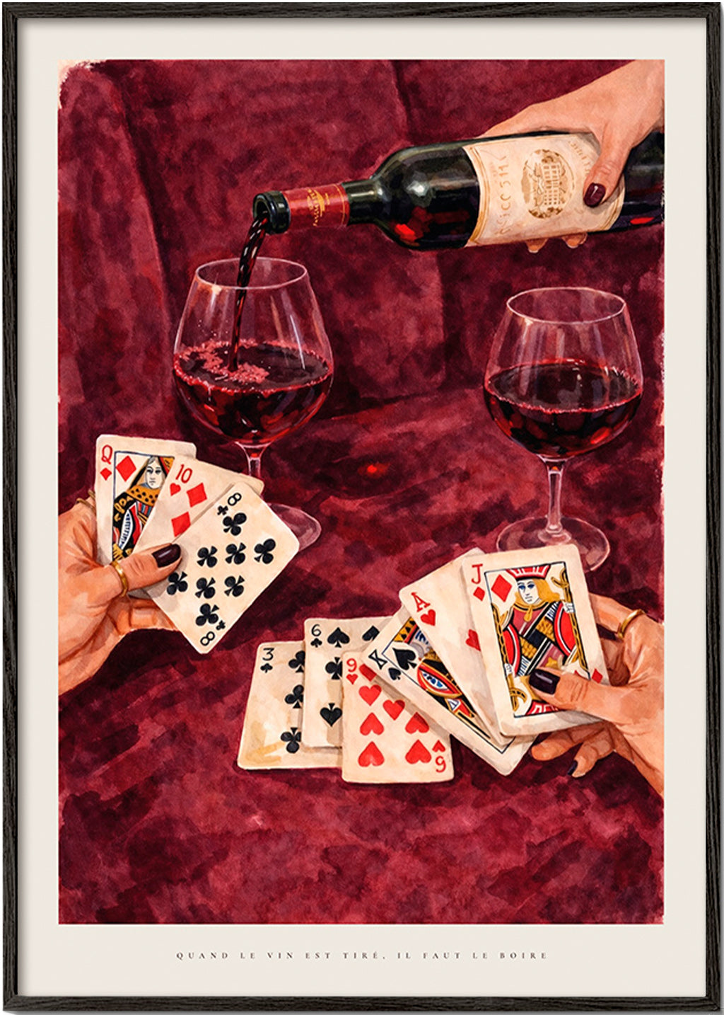 Kitchen art with playing cards and red wine