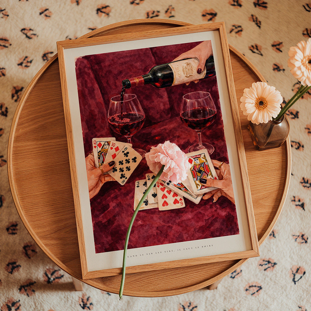 Kitchen art with playing cards and red wine