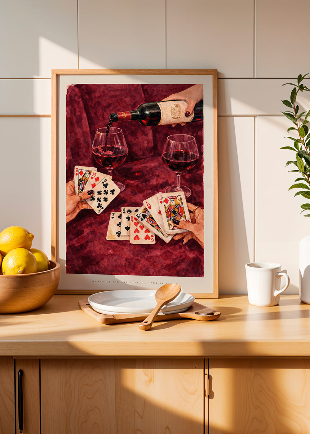 Kitchen art with playing cards and red wine