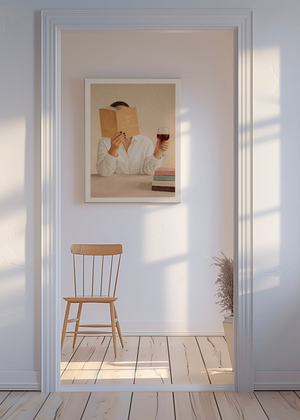 Kitchen art: woman reading with a glass of wine