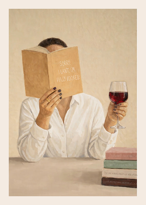 Kitchen art: woman reading with a glass of wine