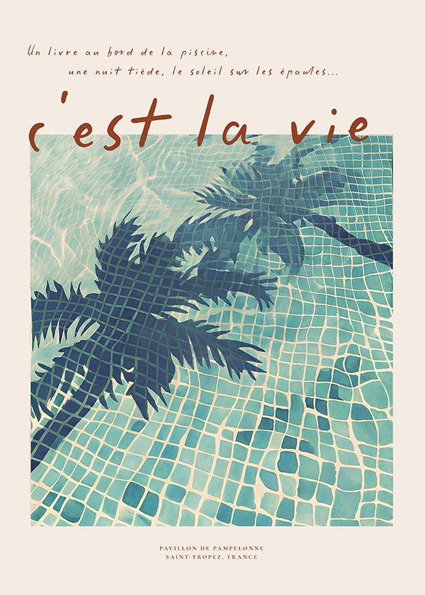 Ilustración de piscina con palmeras