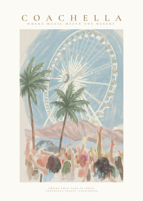 Ilustración Coachella con noria y palmeras