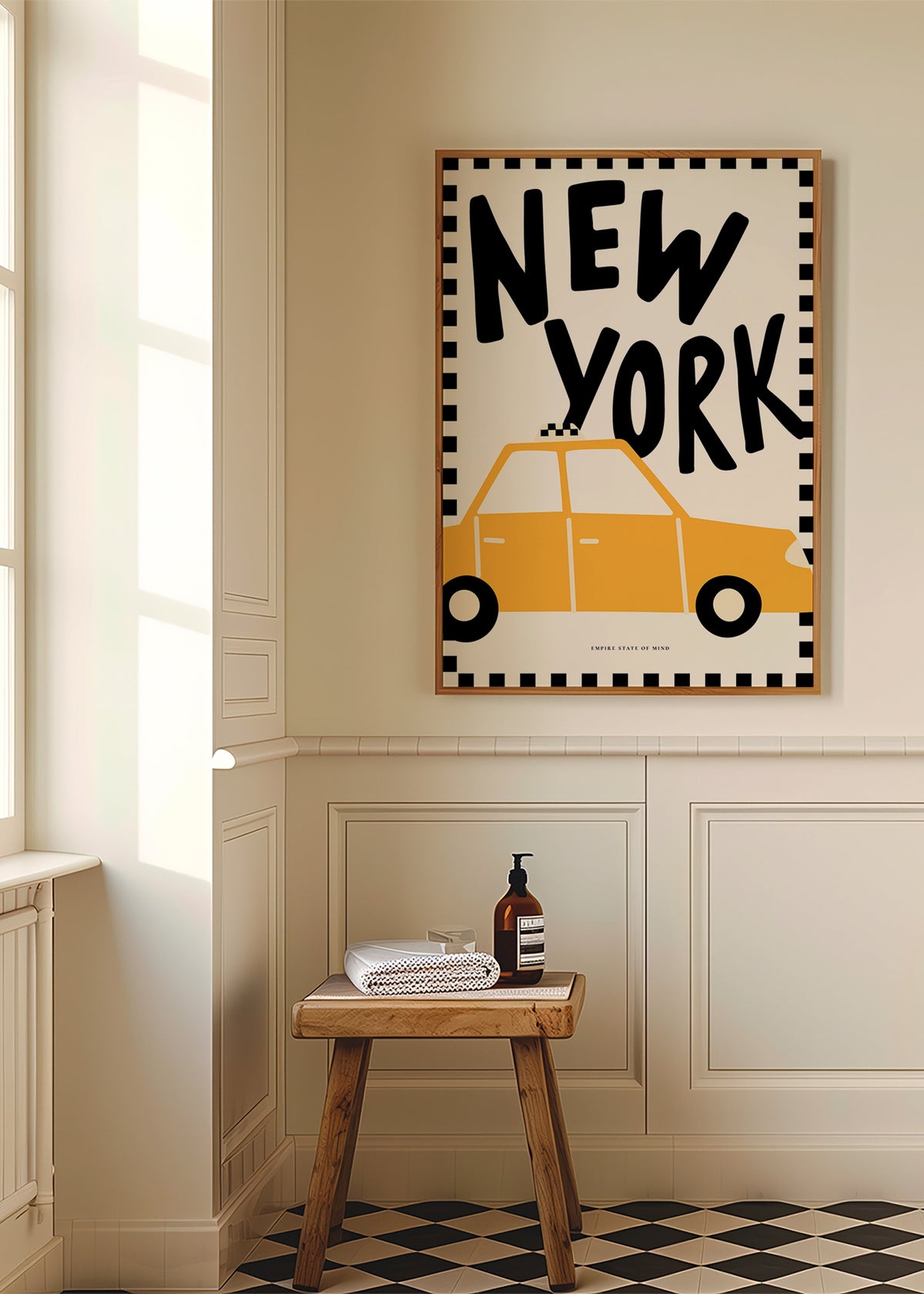 Cuadro de ciudades con taxi y tipografía New York – Product1