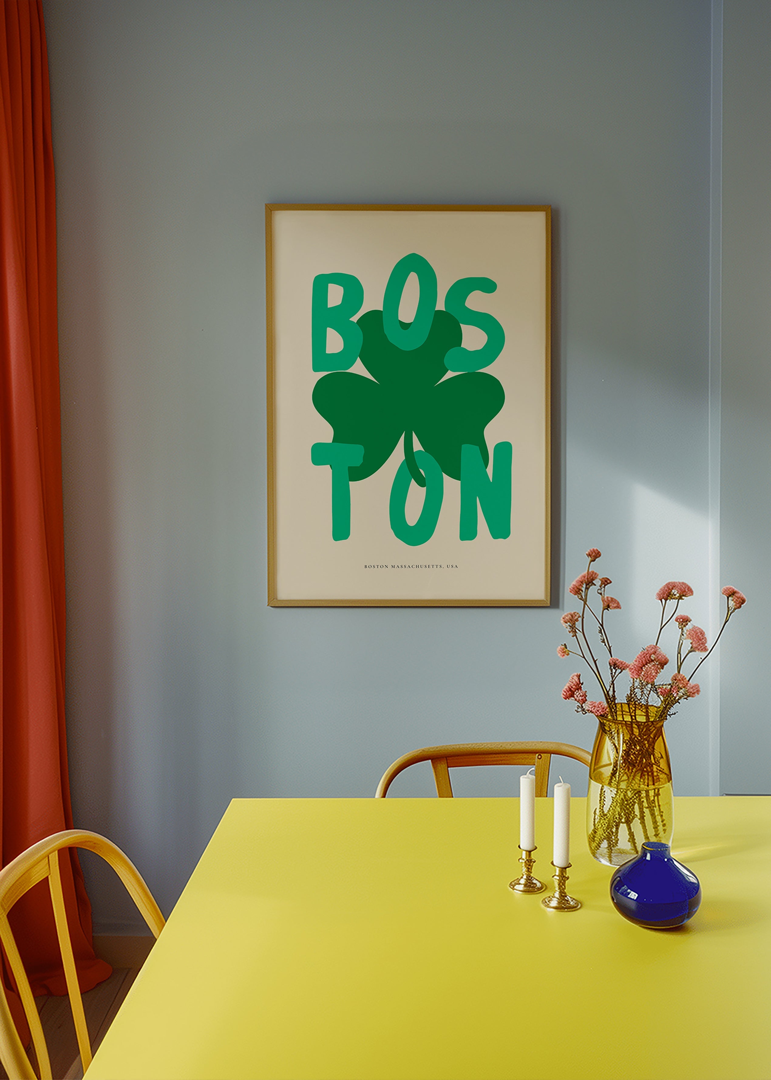 Travel poster Boston with shamrock graphic