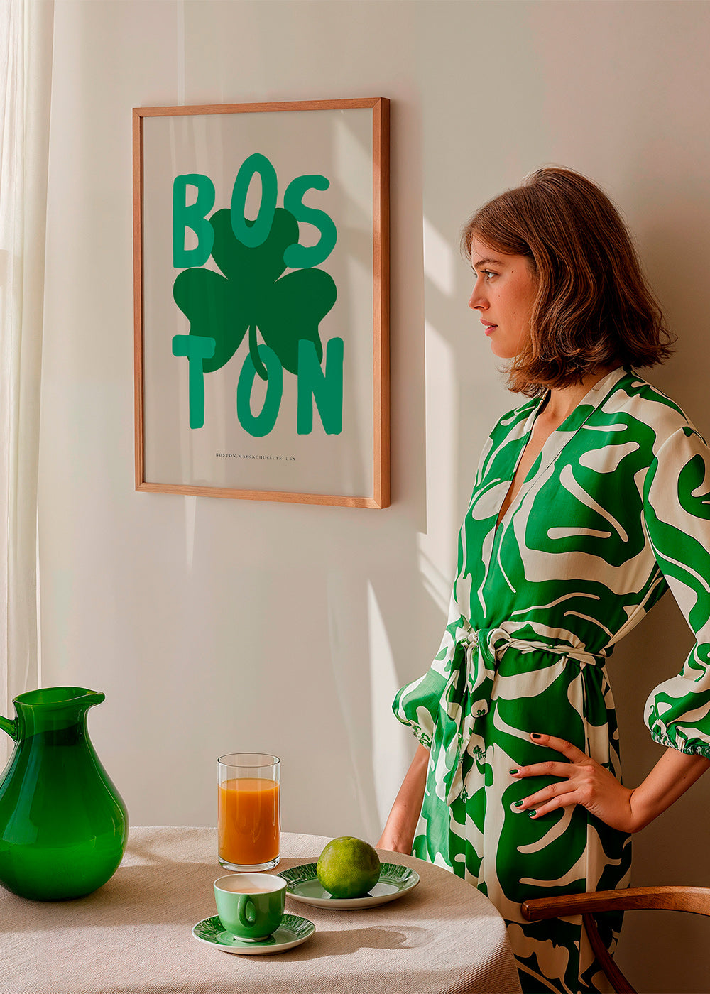 Travel poster Boston with shamrock graphic
