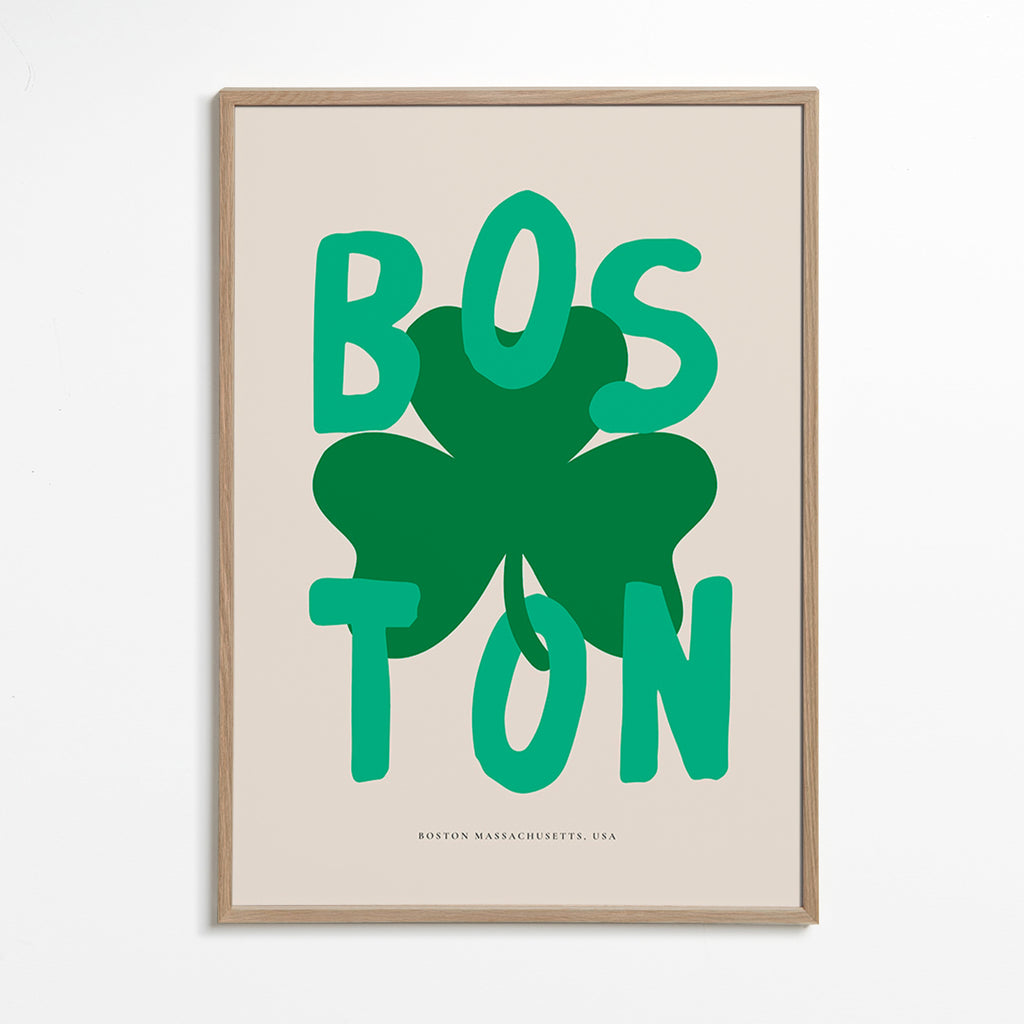 Travel poster Boston with shamrock graphic