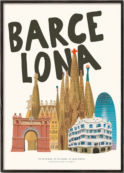 Cuadro de ciudades Barcelona ilustrada y tipográfica – Black Frame