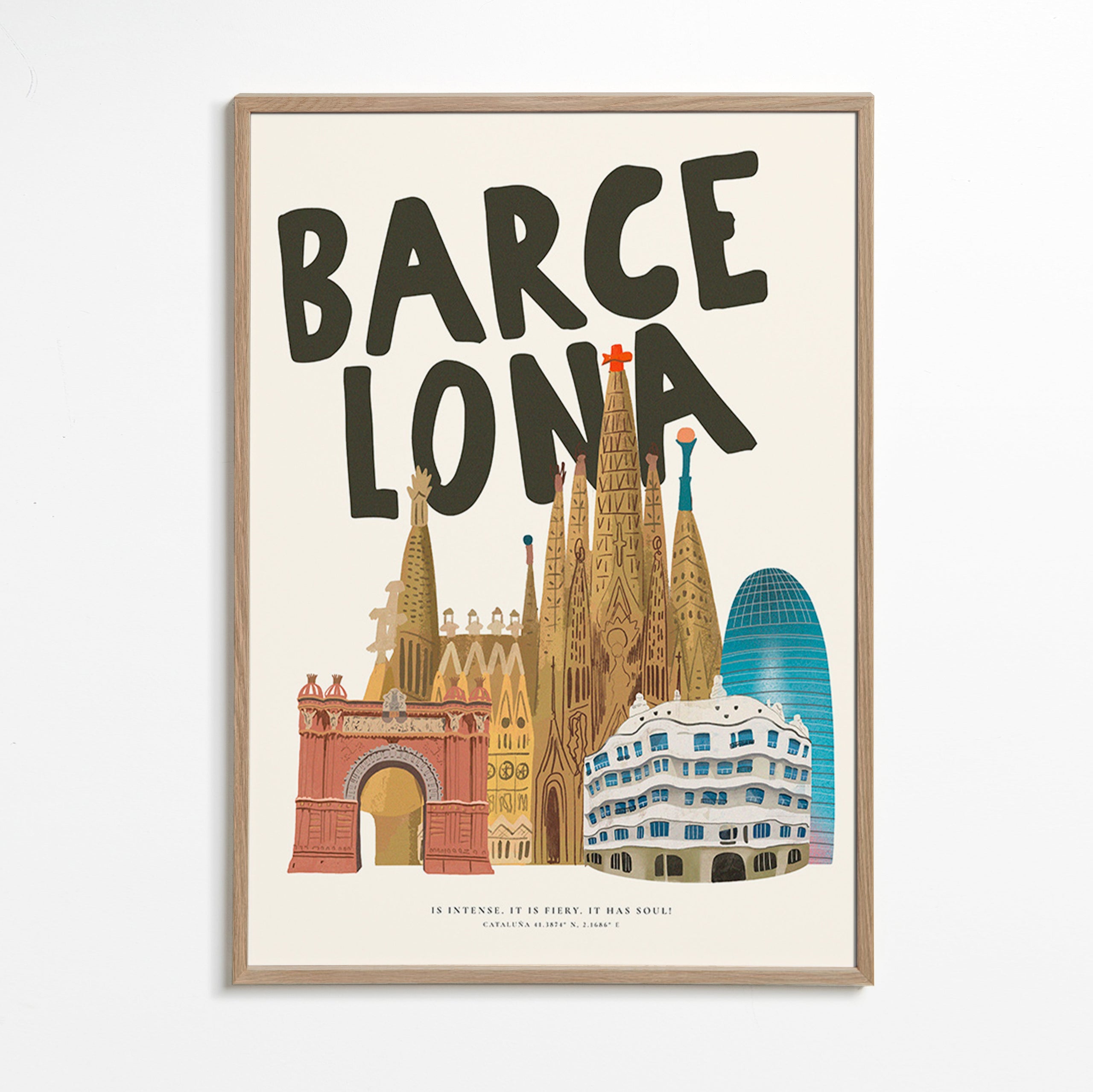 Cuadro de ciudades Barcelona ilustrada y tipográfica – Oak Frame