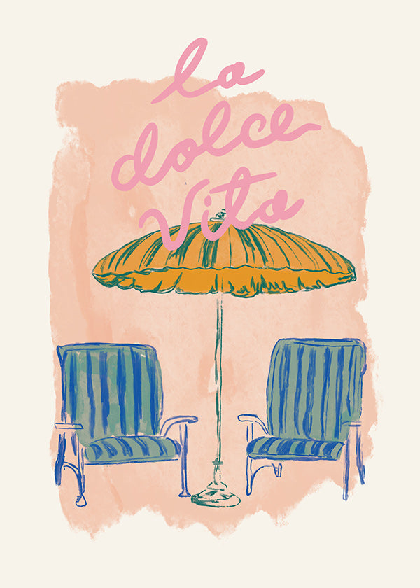 Ilustración La Dolce Vita con sombrilla y sillas
