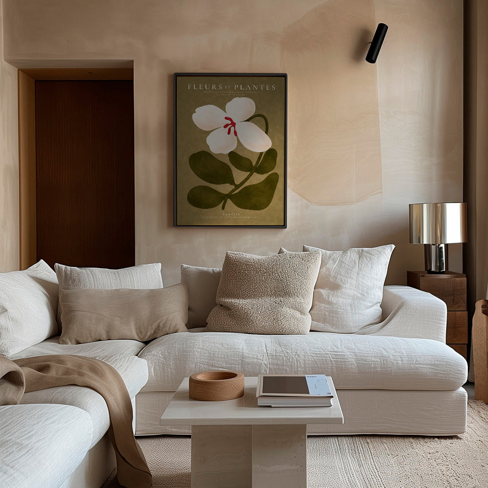 Lámina botánica: camelia blanca sobre fondo oliva – Canvas2