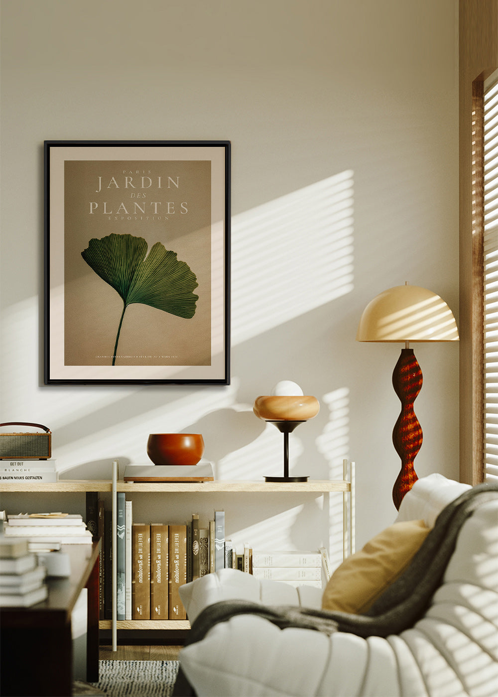 Lámina botánica con hoja de ginkgo y tipografía clásica – Canvas1