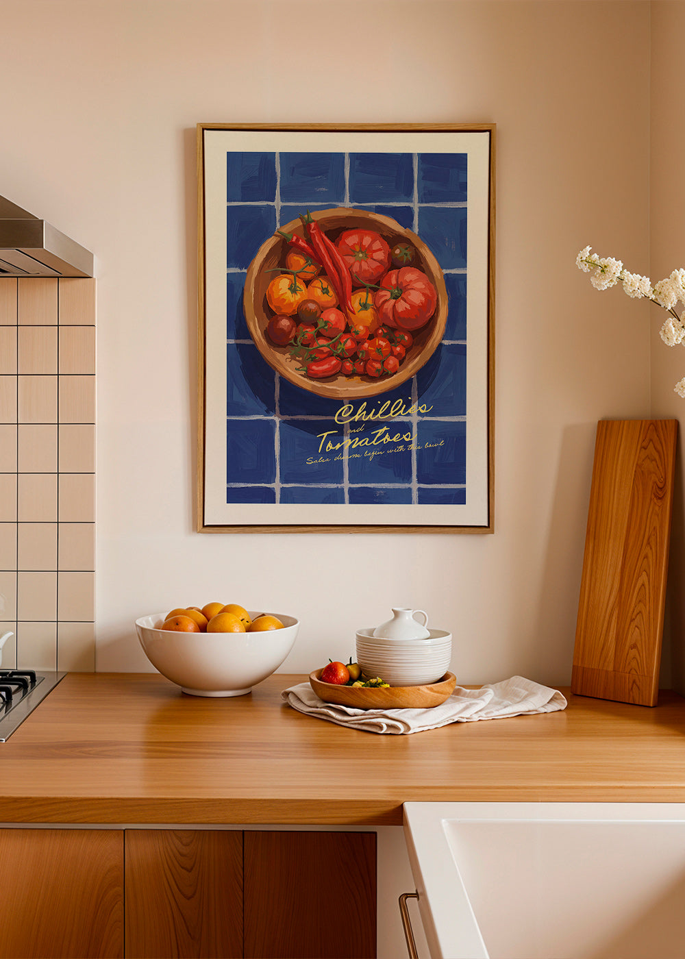 Cuadro de cocina con chiles y tomates ilustrados – Canvas2