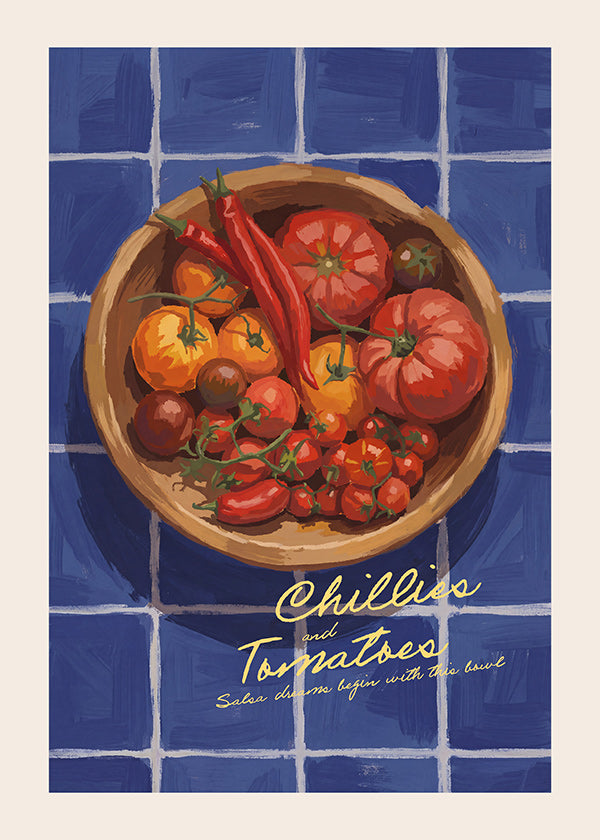 Cuadro de cocina con chiles y tomates ilustrados