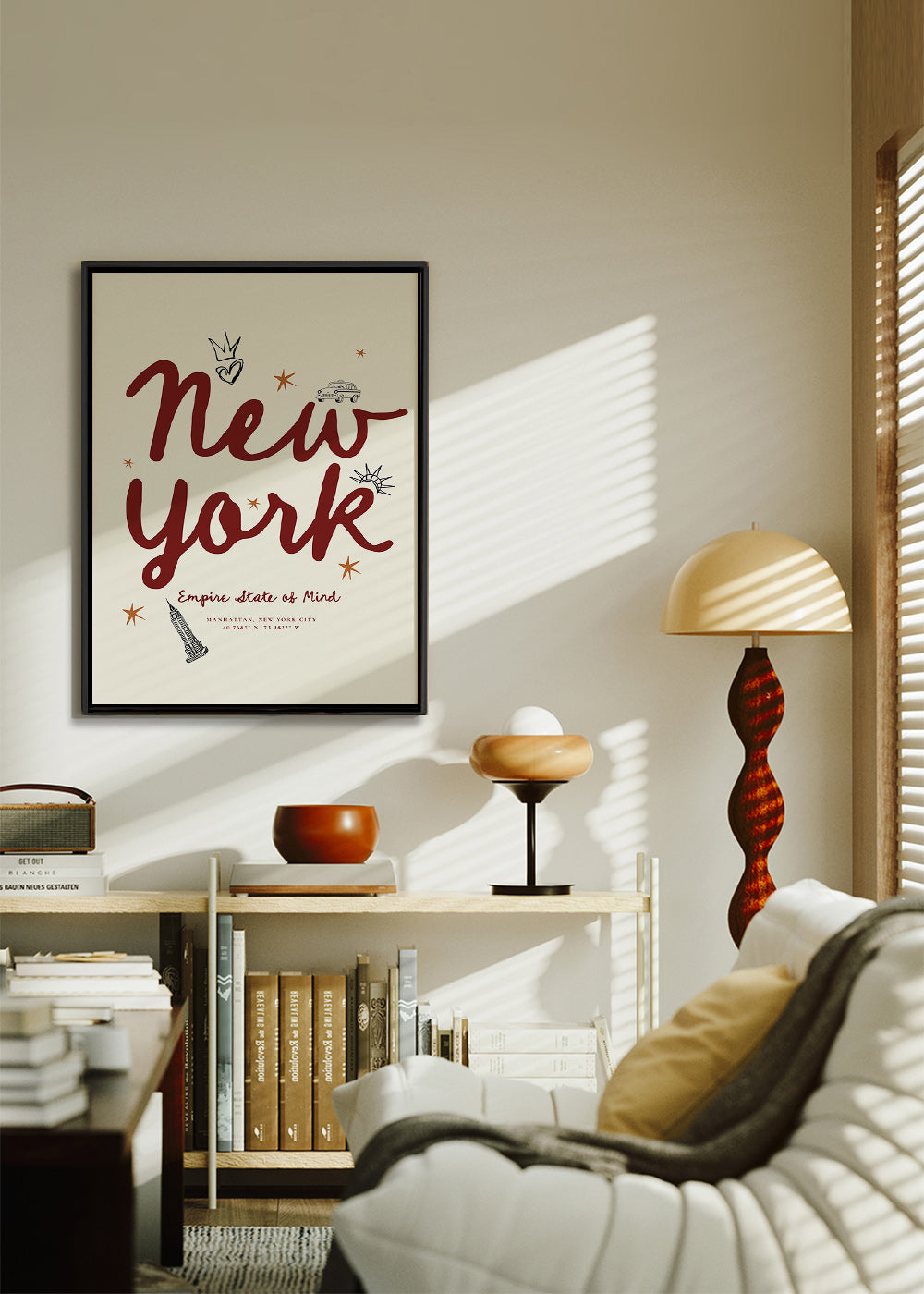 Travel poster New York with burgundy lettering