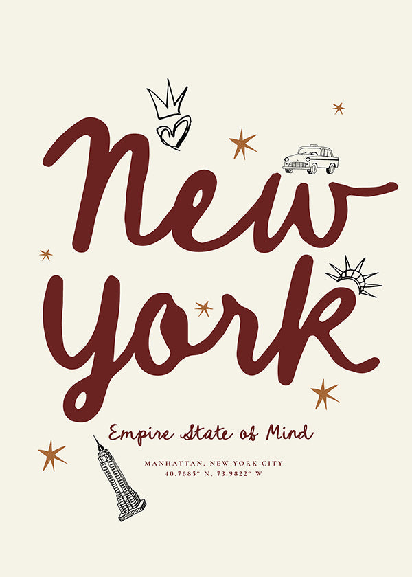 Travel poster New York with burgundy lettering