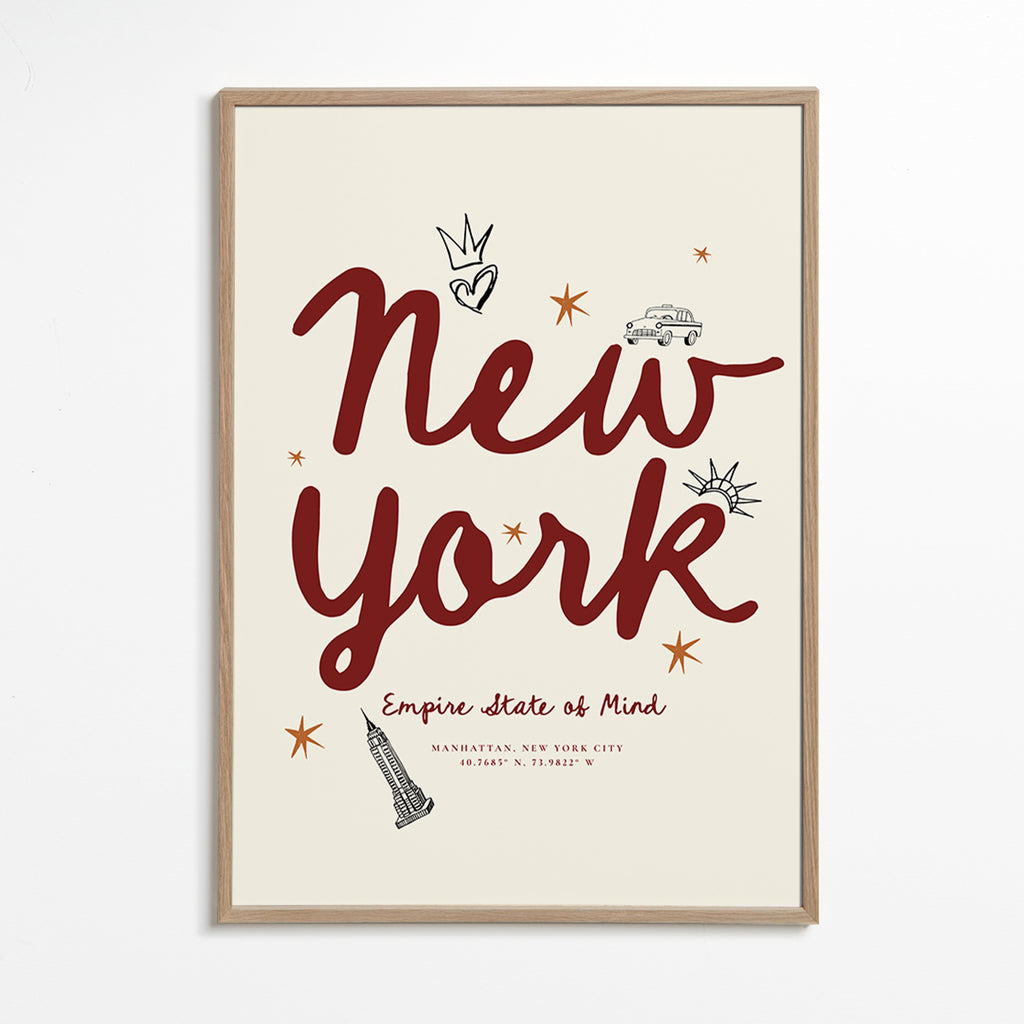 Travel poster New York with burgundy lettering