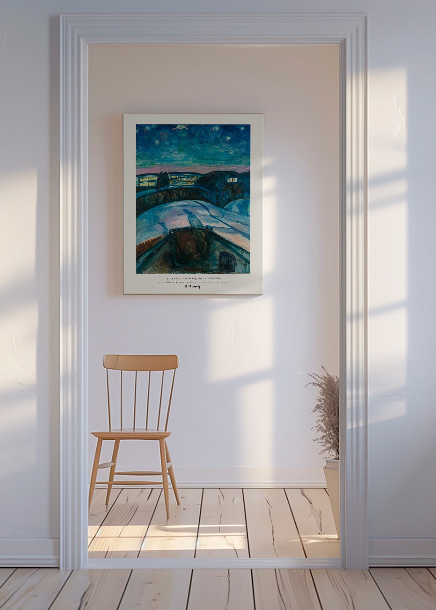 Cuadro de paisaje con cielo estrellado y colinas nevadas – Canvas