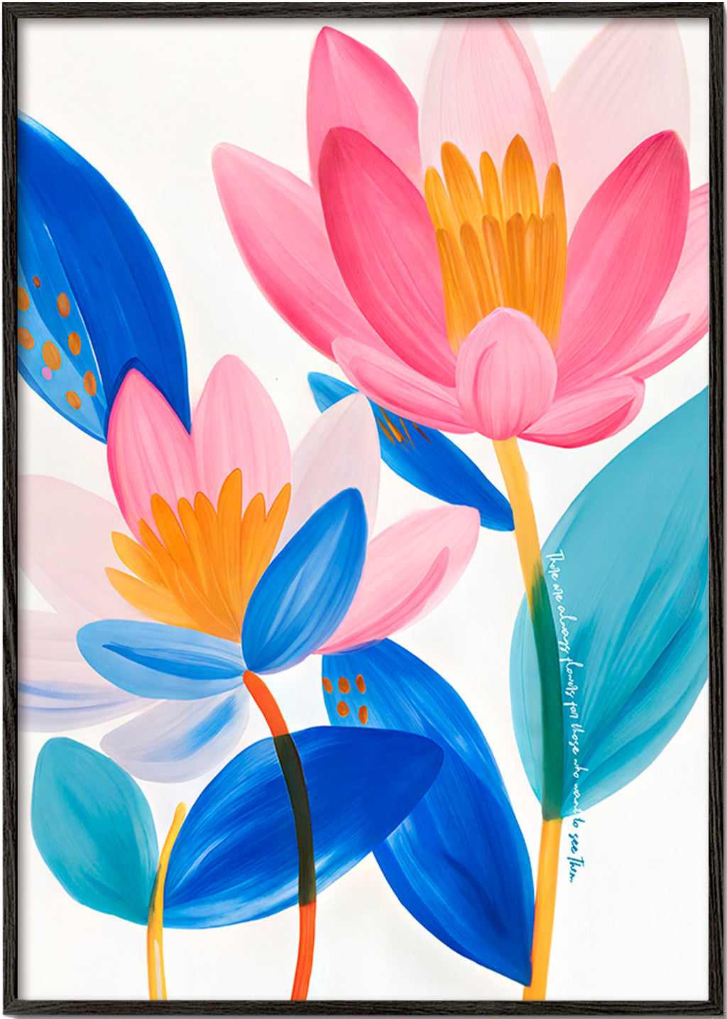 Lámina botánica flores rosas y azules – Black Frame