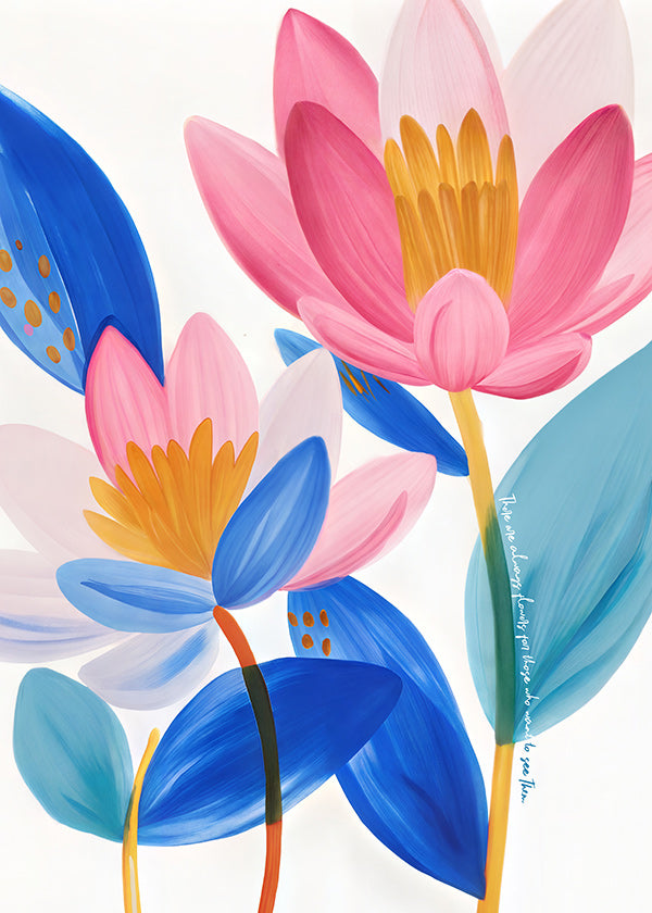 Lámina botánica flores rosas y azules