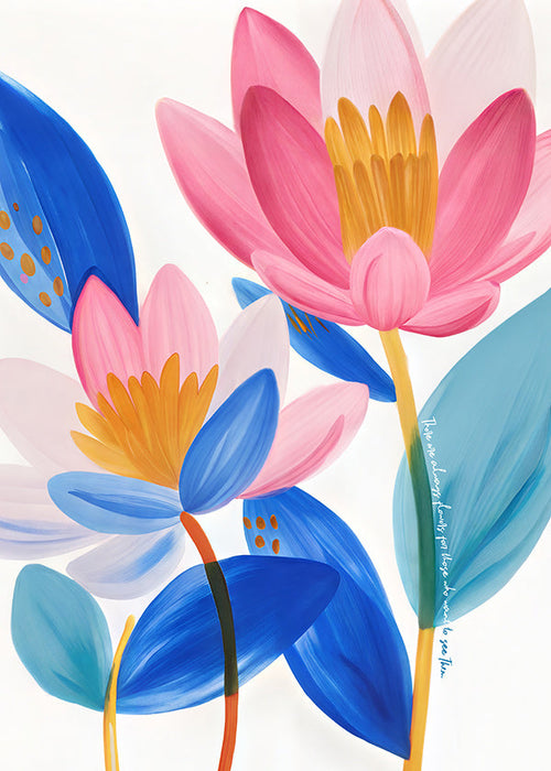 Lámina botánica flores rosas y azules