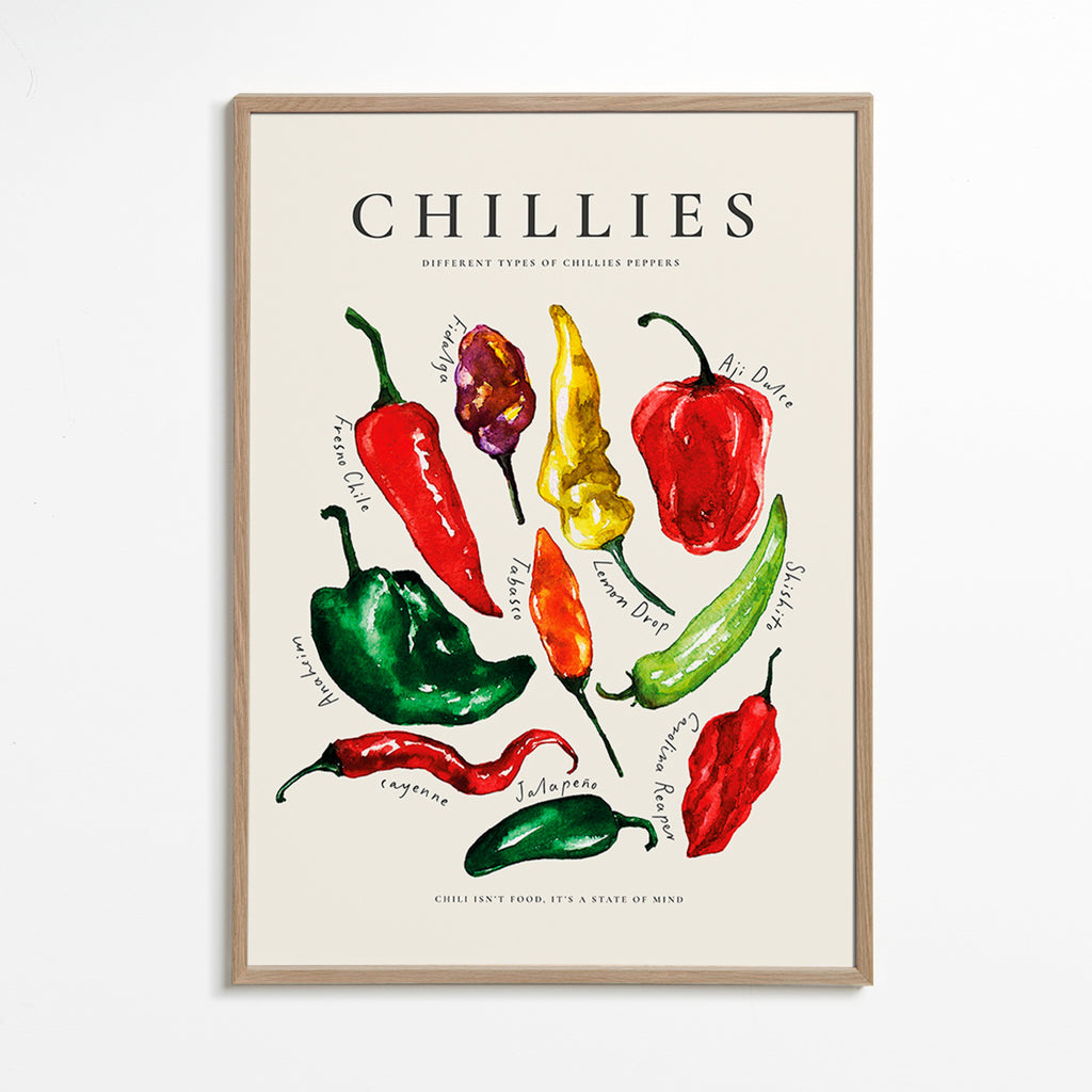 Cuadro de cocina Chillies en acuarela – Oak Frame