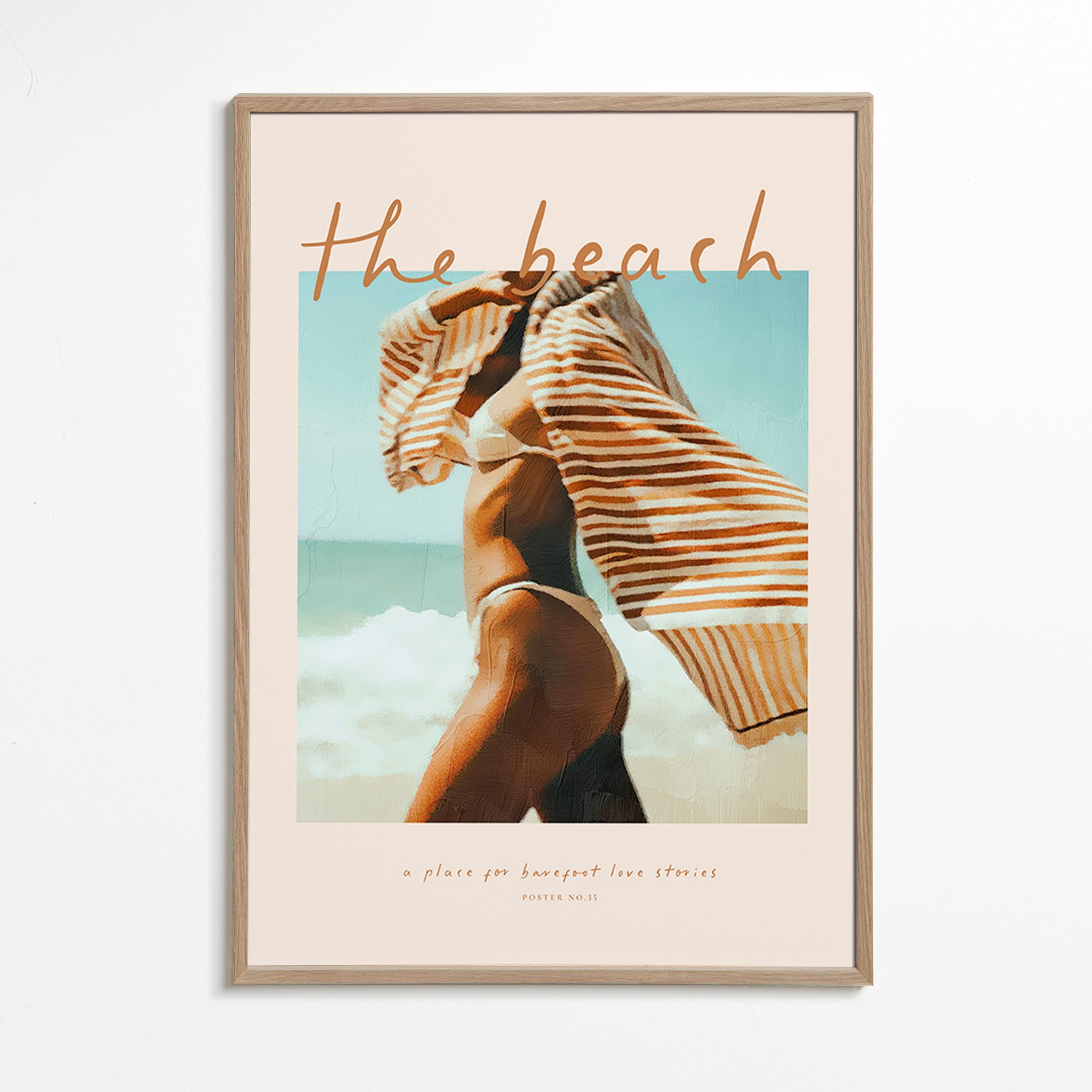 Cuadro de paisaje con figura playera y toalla a rayas – Oak Frame