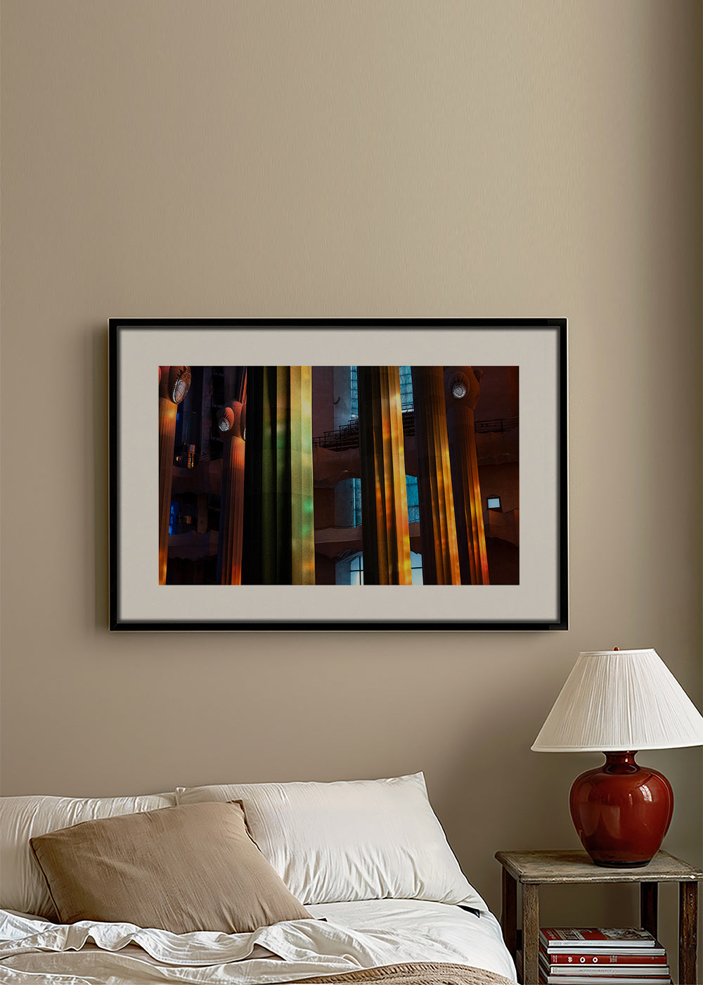 Photograph of illuminated interior columns