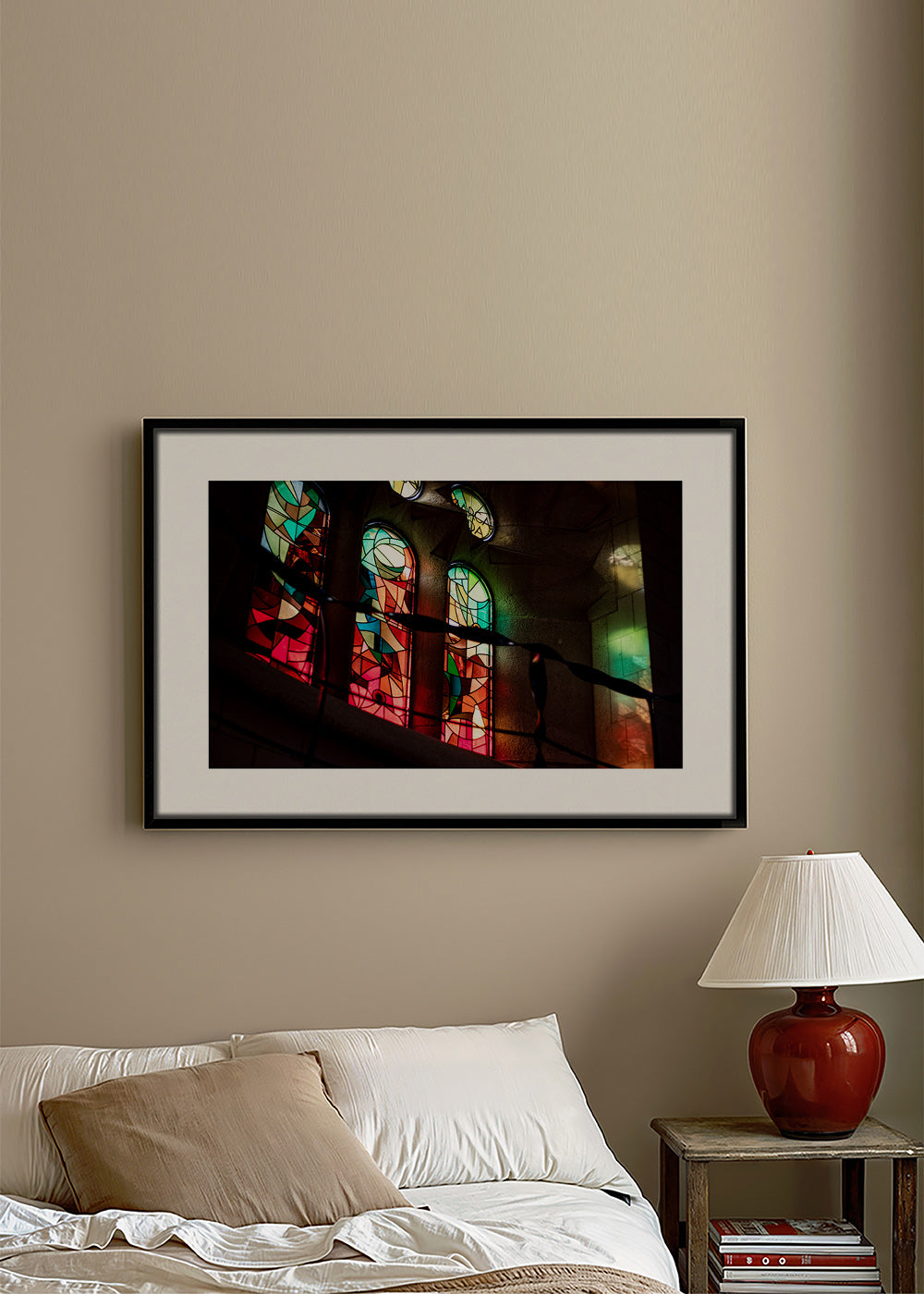 Photograph of stained glass windows in gothic interior