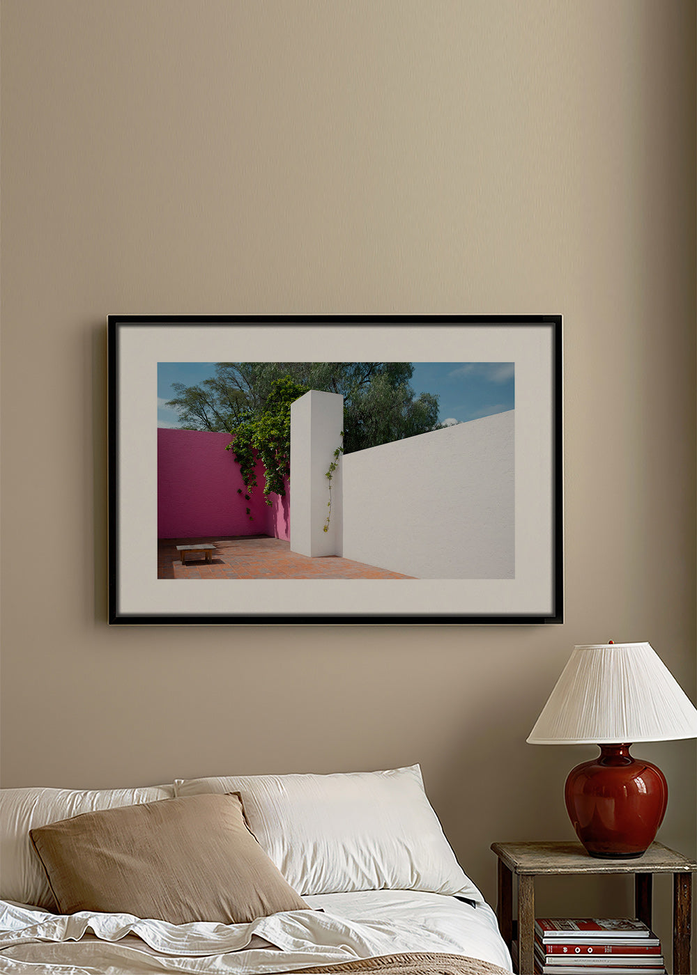 Minimalist design courtyard in pink and white