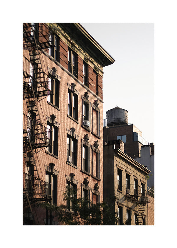 Urban façade photograph with fire escape