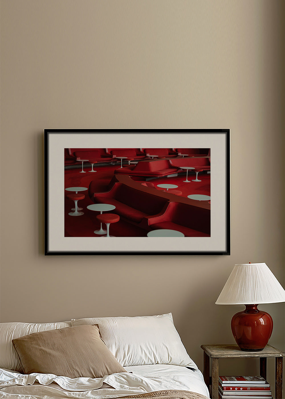 Red lounge photograph with curved seating
