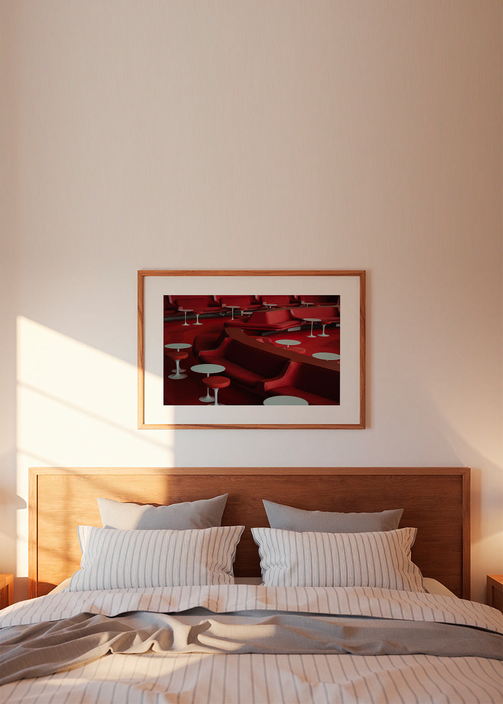 Red lounge photograph with curved seating