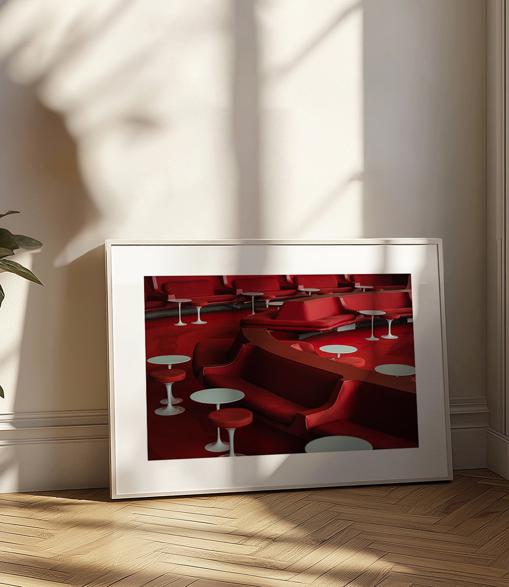 Red lounge photograph with curved seating