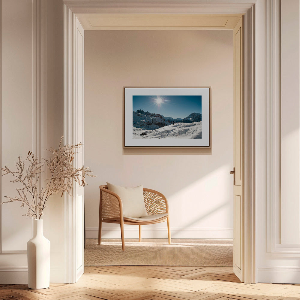 Landscape art: snowy mountain range under bright sun