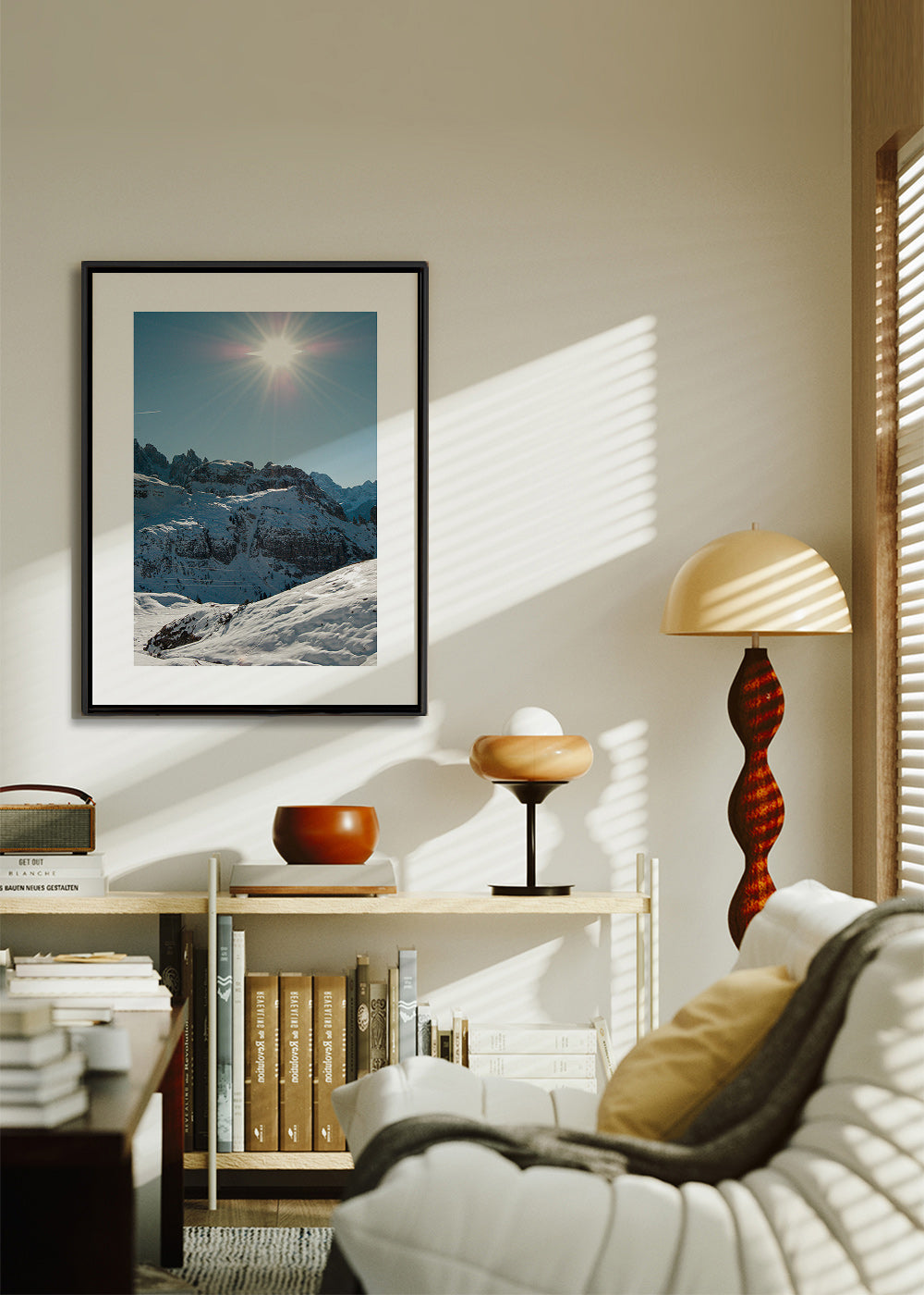 Landscape art: snowy peaks under bright sun