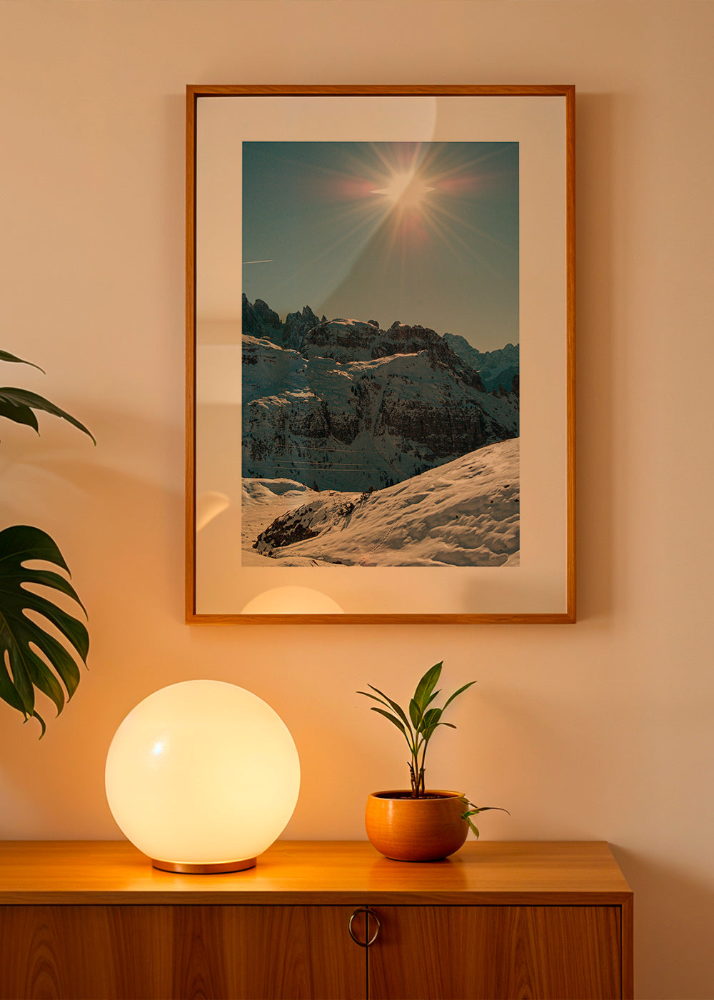 Landscape art: snowy peaks under bright sun