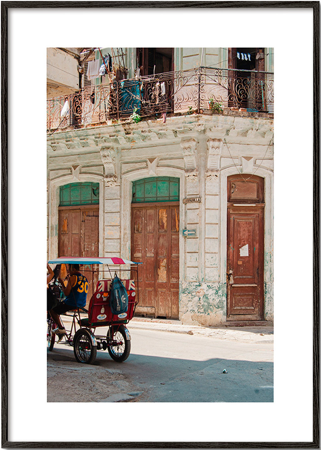 Travel poster: Havana street with colorful rickshaw