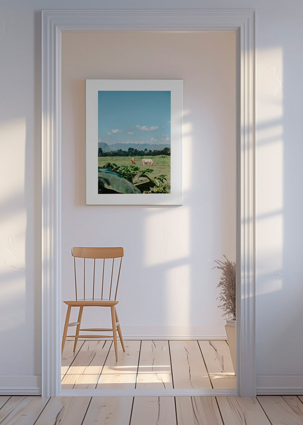 Landscape art: field with cows under wide sky
