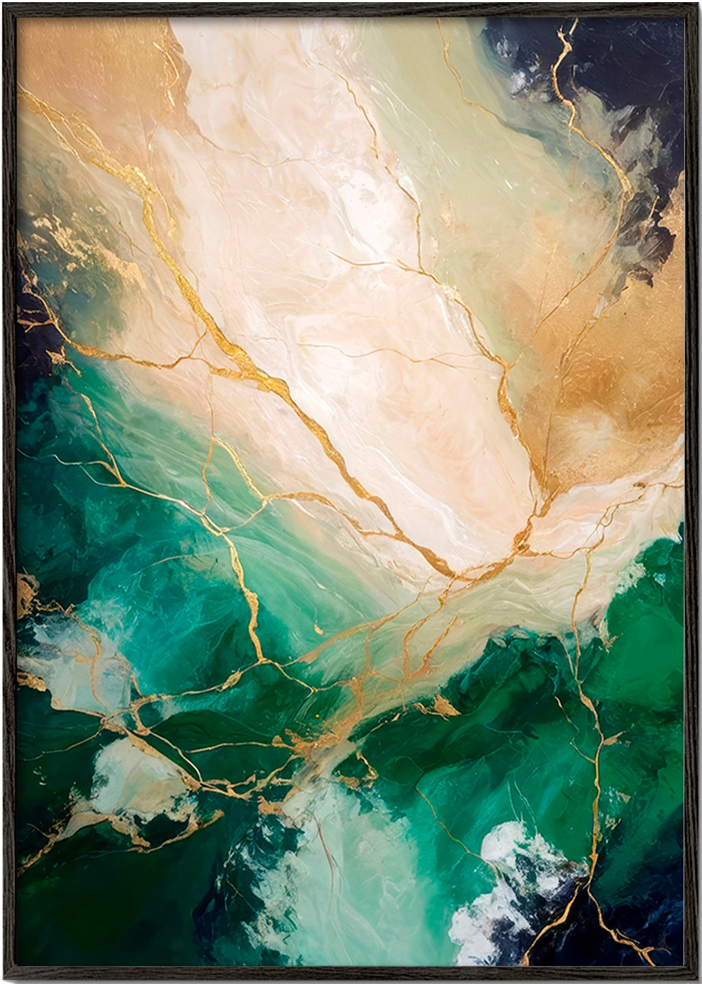 Cuadro abstracto en verde y dorado con vetas minerales – Black Frame