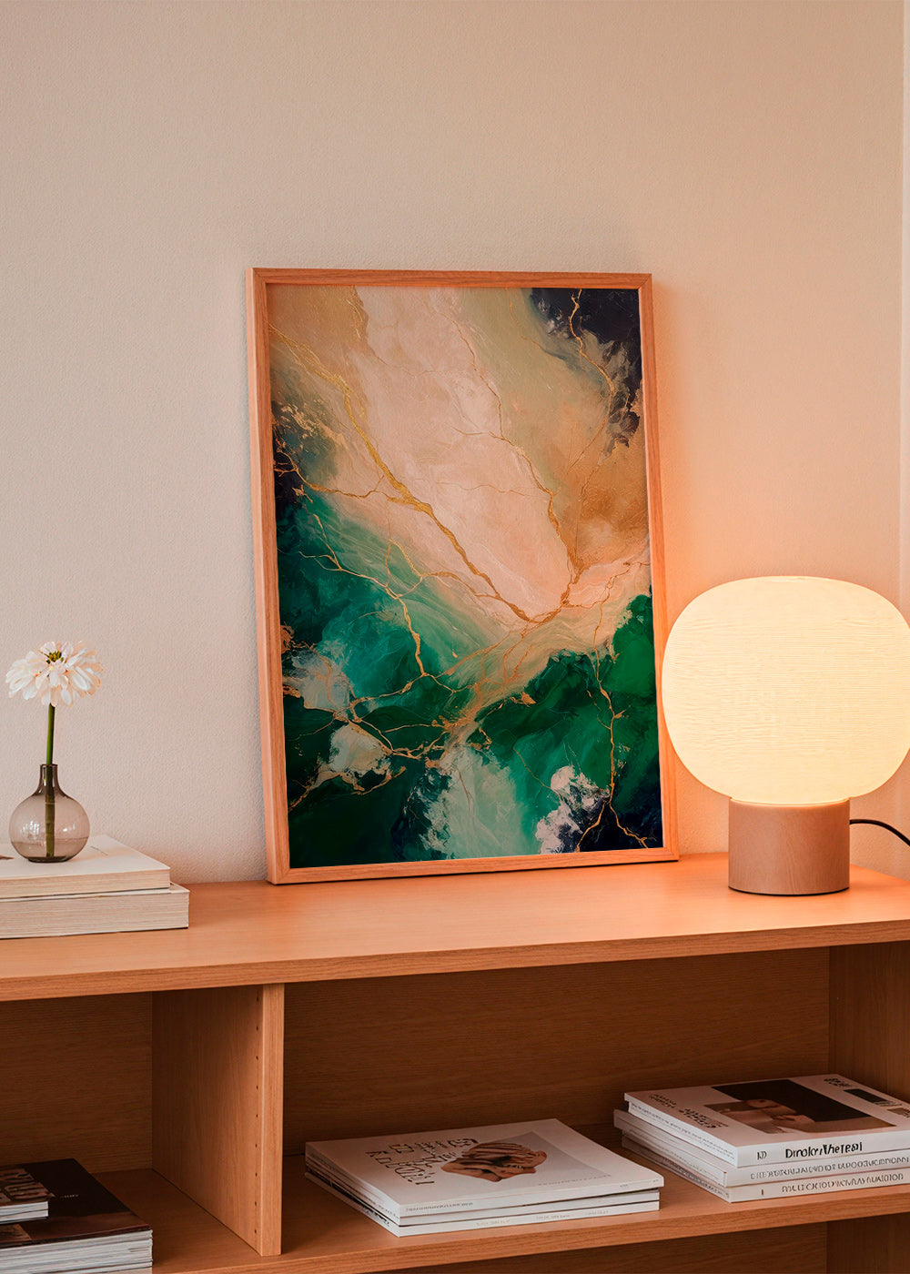 Cuadro abstracto en verde y dorado con vetas minerales – Product3