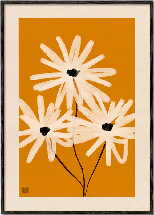 Lámina botánica de margaritas sobre fondo mostaza – Black Frame