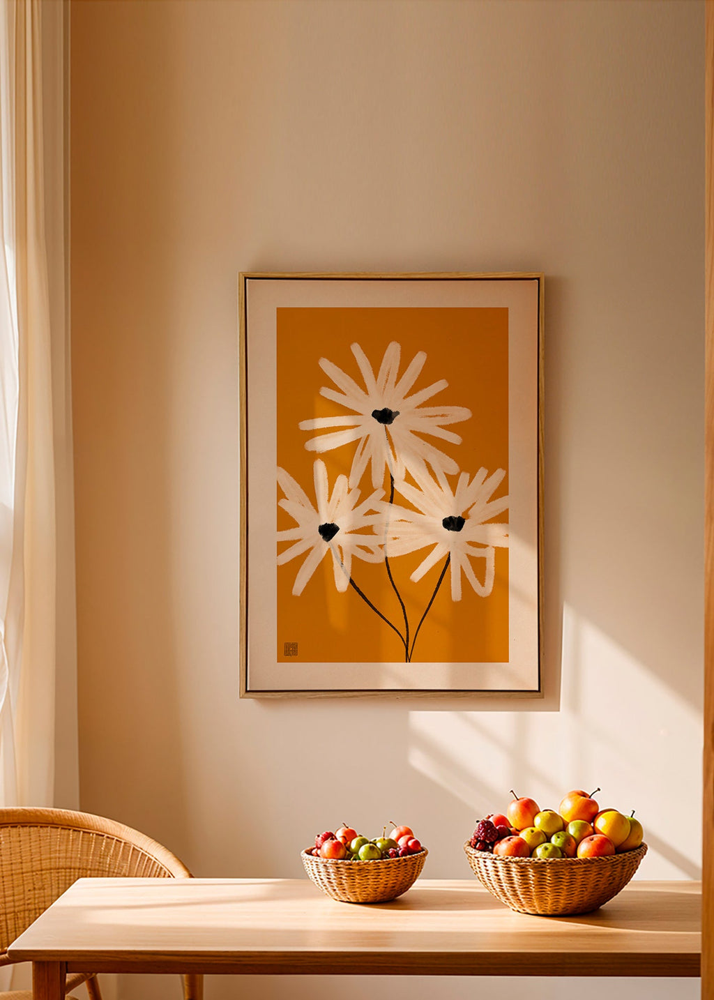 Lámina botánica de margaritas sobre fondo mostaza – Canvas2