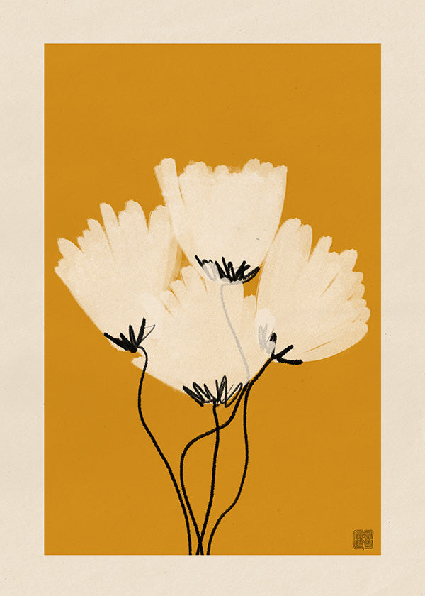 Lámina botánica: flores blancas sobre fondo ocre