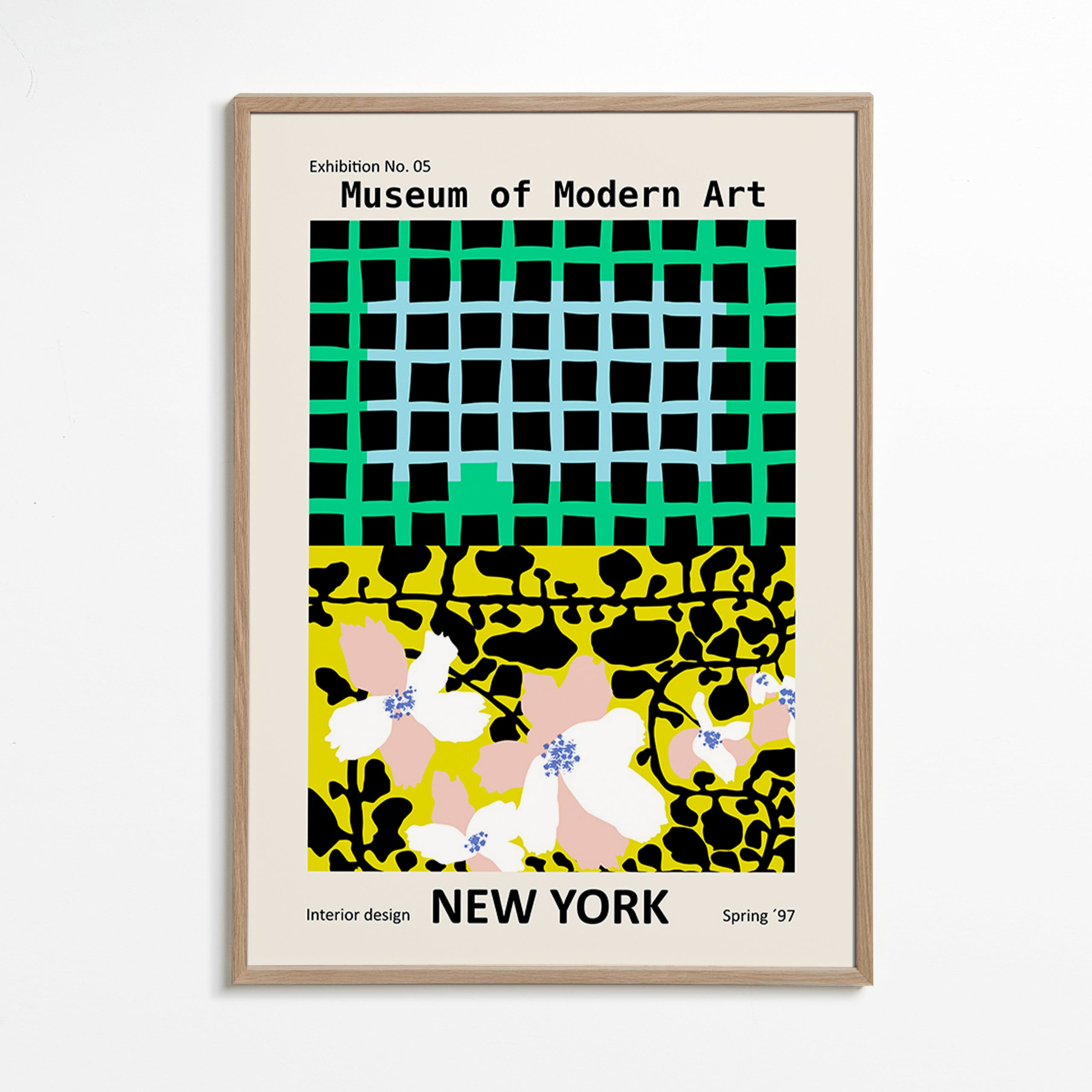 Cuadro de ciudades: póster tipográfico New York con motivos florales – Oak Frame