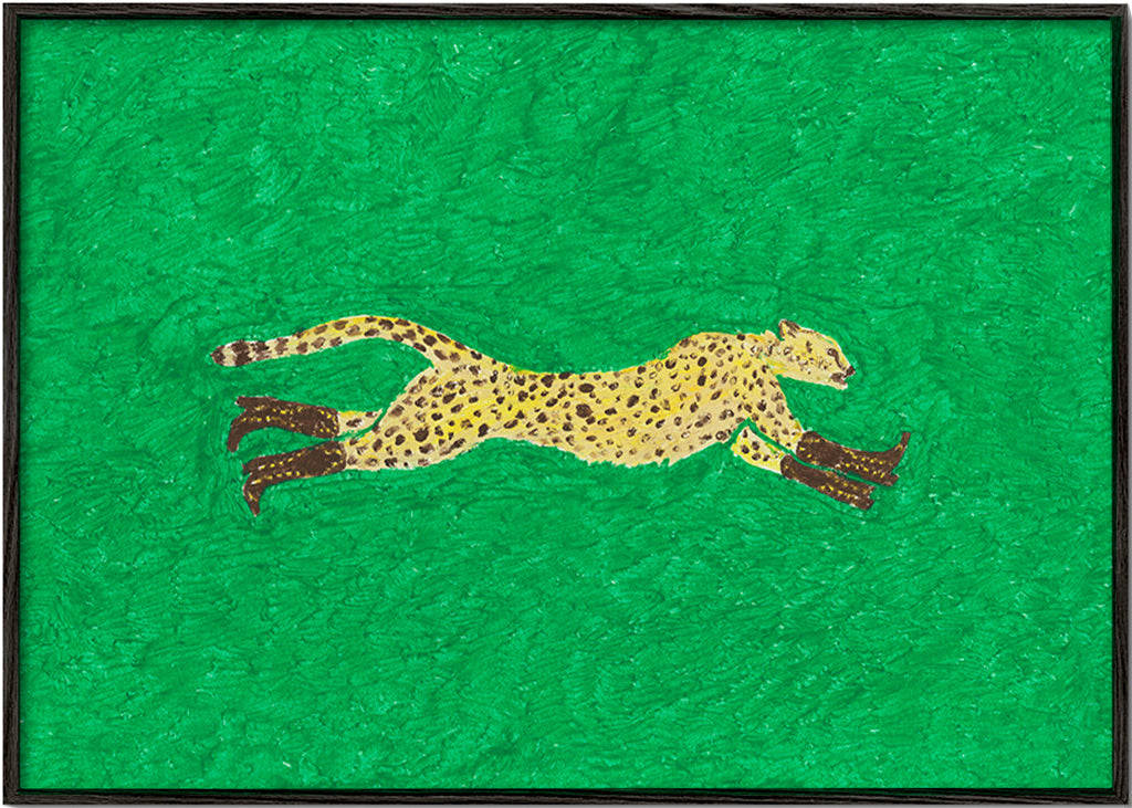 Cuadro guepardo en carrera sobre fondo verde – Black Frame