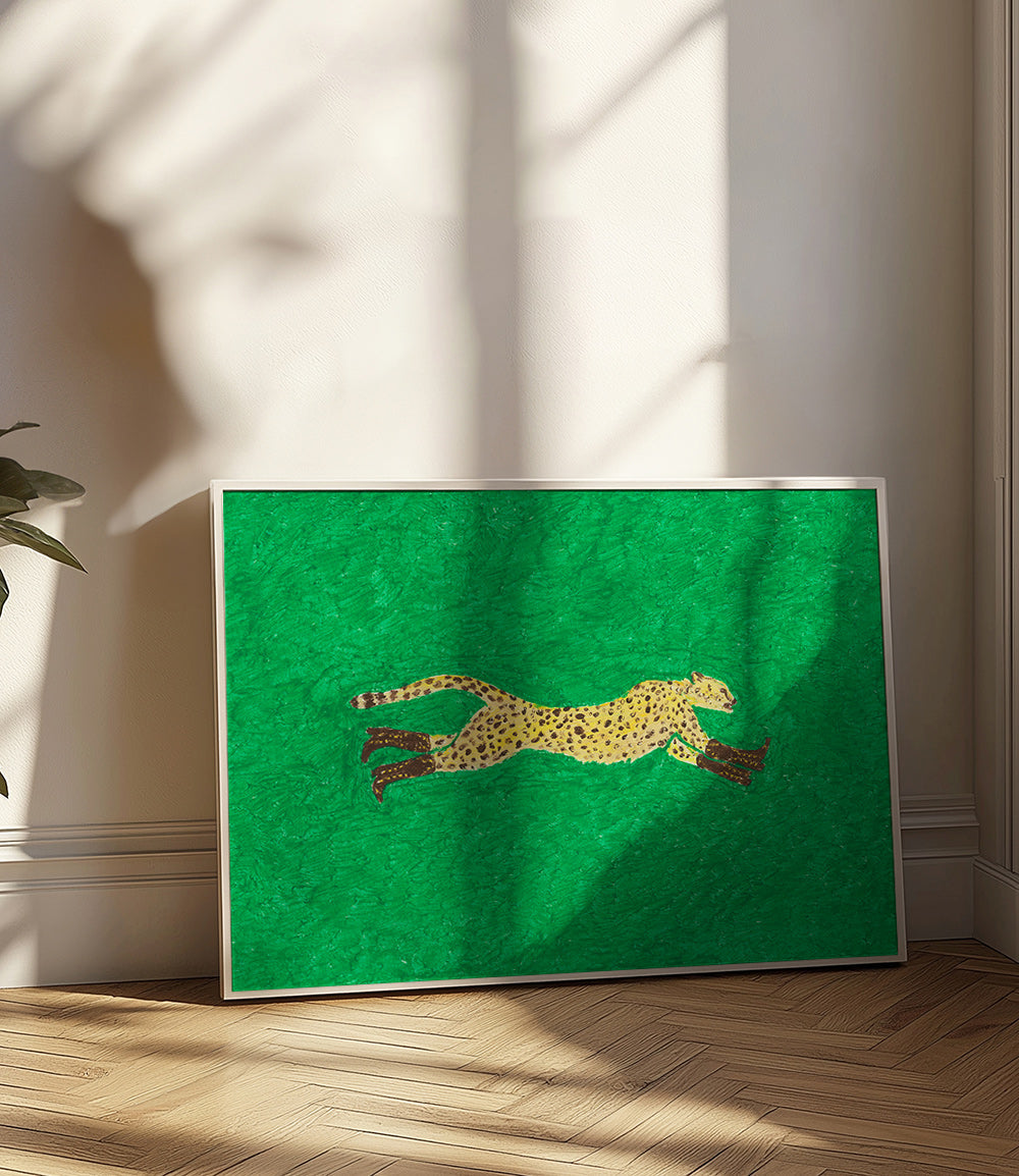 Cuadro guepardo en carrera sobre fondo verde – Product1