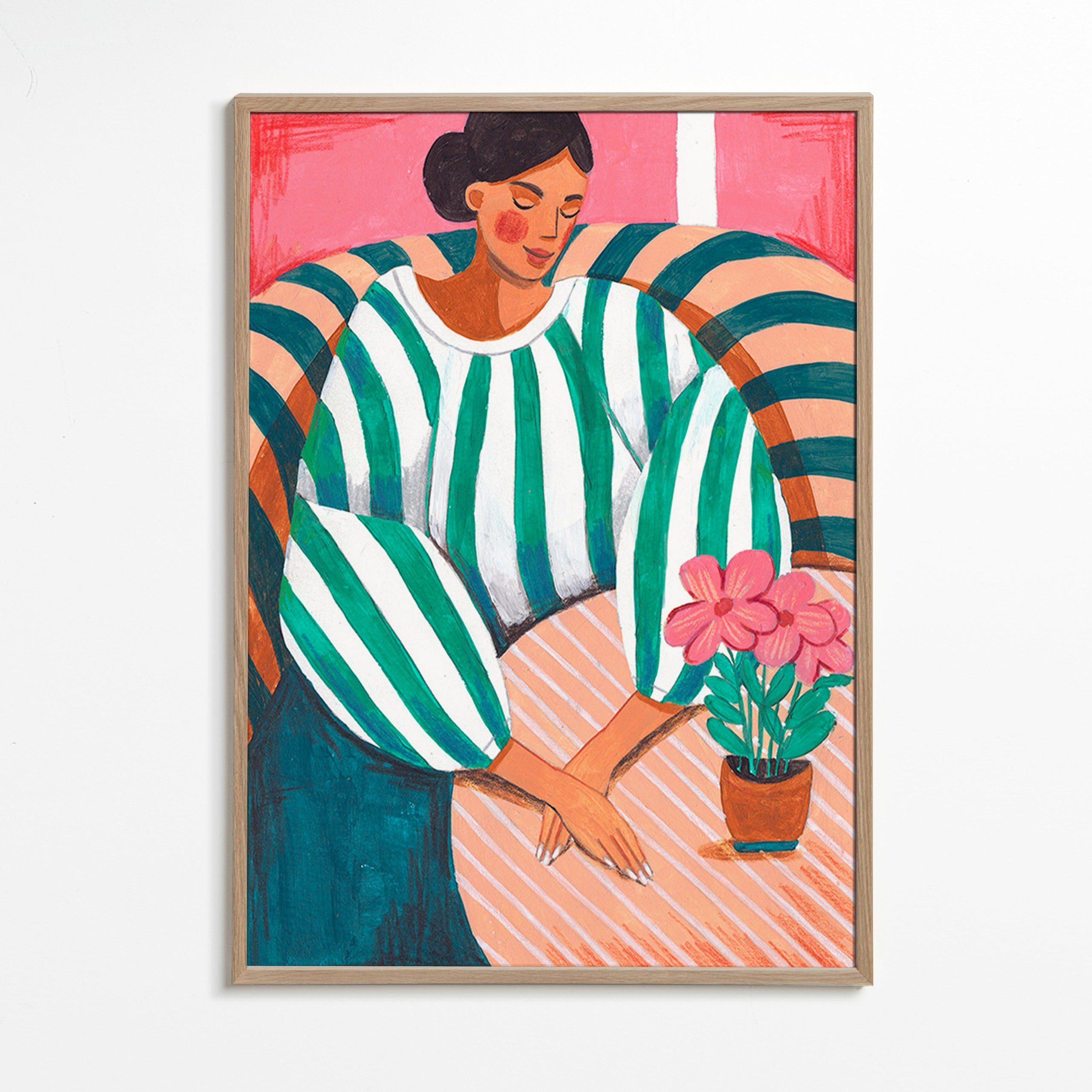 Ilustración de mujer en rayas con maceta – Oak Frame