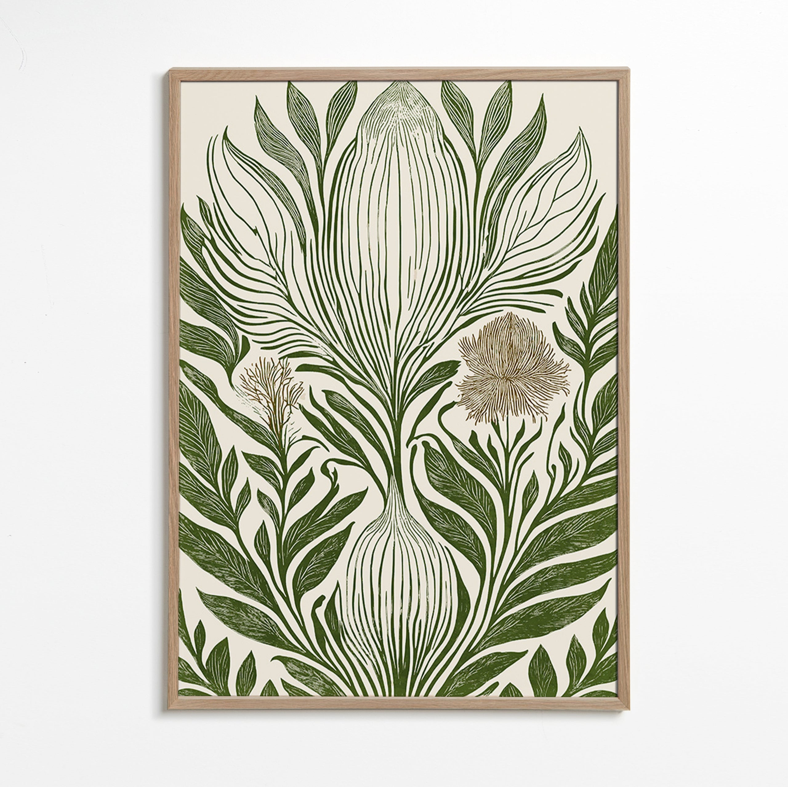 Lámina botánica con hojas verdes y trazo lineal – Oak Frame