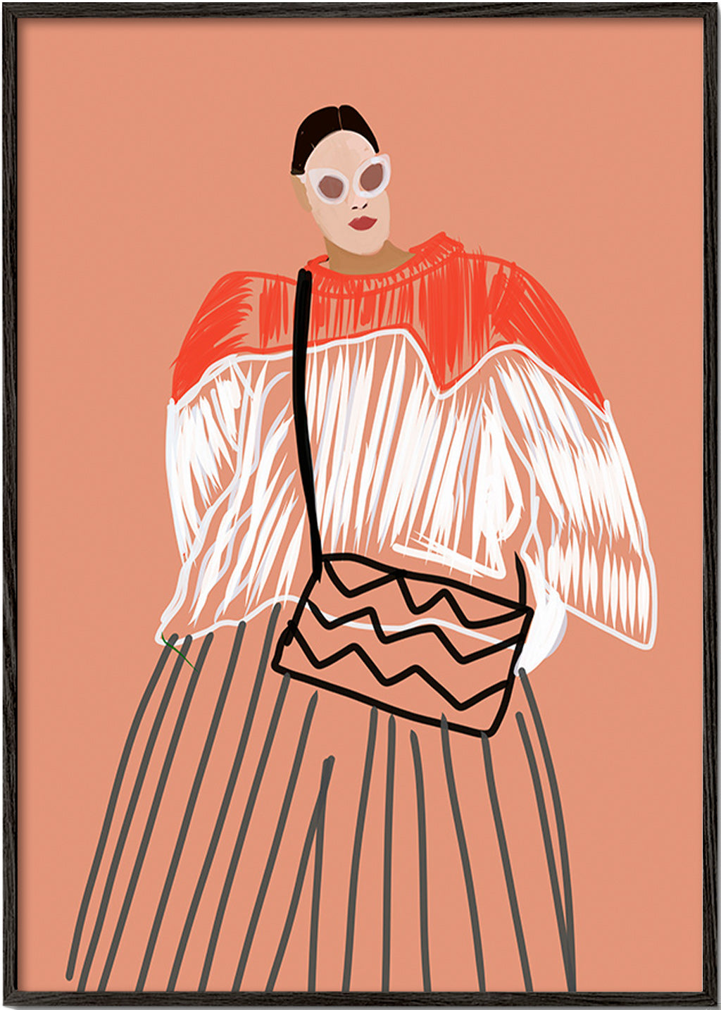 Ilustración de mujer con bolso coral – Black Frame